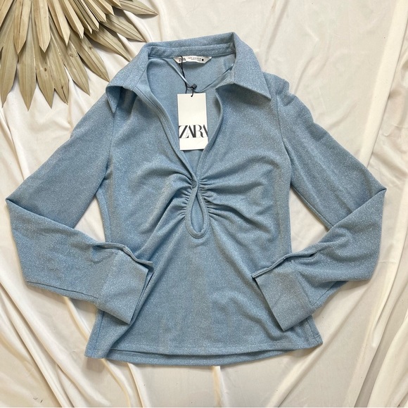 Zara Open Detail Ruched Blue Metallic Silver Keyhole Knit Y2K Blouse Top Medium - Picture 2 of 7